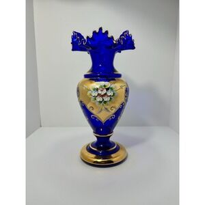 Bohemian / Czech cobalt blue vase with gold building and ruffled edge Vintage